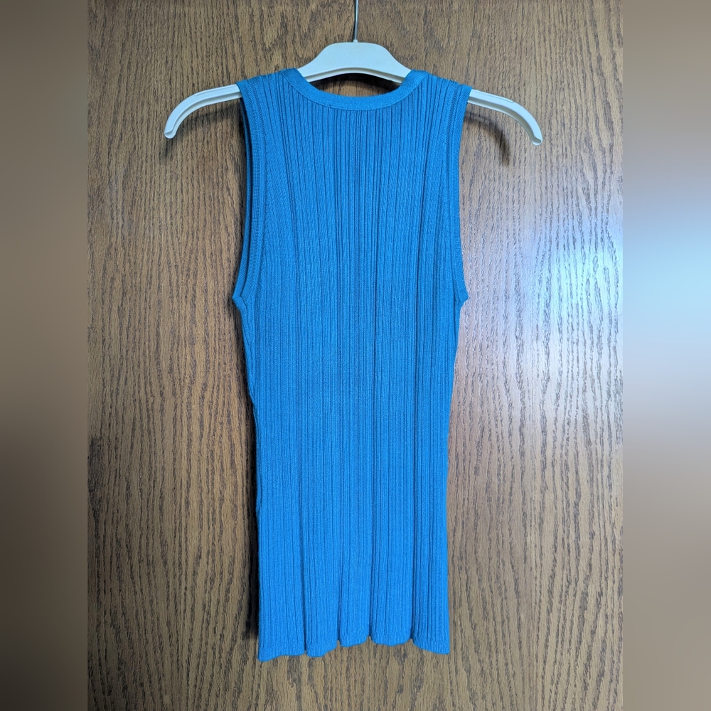 White House Black Market Blue Ribbed Button/Studded Tank Top - Picture 3 of 4
